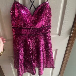 Crystal Doll magenta sequin criss cross straps party dress